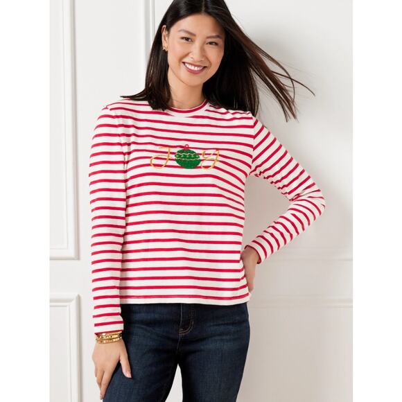 Talbots Joy Red White Stripe Embellished Ornament Long Sleeve Shirt Size L - Picture 1 of 5